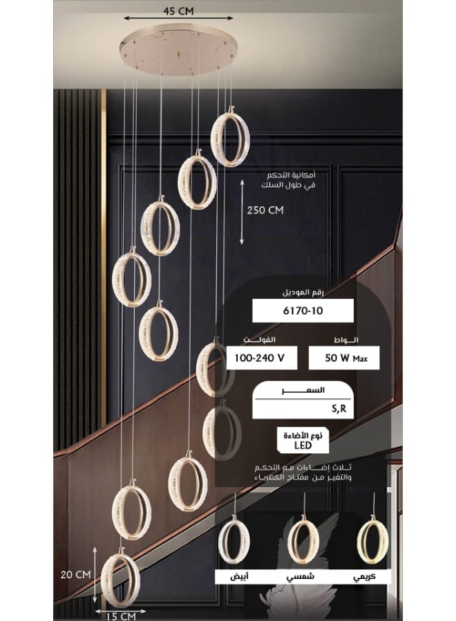 Best Power Modern LED Staircase Chandelier 6170-10 – 10-Lamp Hanging Light with 3 Lighting Levels – 50W Energy-Efficient Ceiling Light with 250cm Adjustable Length for Staircases, High Ceilings, and Modern Interiors - Image 5