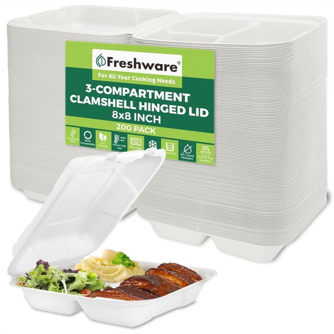 CLAMSHELL CONTAINERS 8 X 8 INCH 3COMPARTMENT 200PACK WHITE