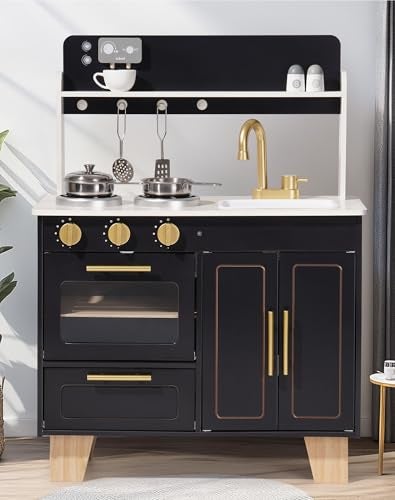 ROBUD Play Kitchen Set Wooden MarbleStyle Kitchen Playset with Realistic Stove Oven Sink for Kids Ages 3 - Image 1