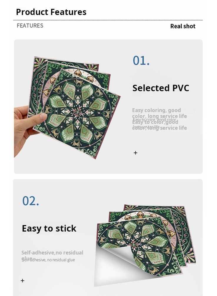 ملصقات بلاط ماندالا أوروبية، مجموعة واحدة من 24 قطعة من ملصقات الحائط ذاتية اللصق المصنوعة من مادة البولي فينيل كلوريد، بلاط زخرفي قابل للإزالة مقاوم للماء والزيت لظهر المطبخ والحمام وغرفة المعيشة بتصميم فسيفساء زهري عتيق - Image 4