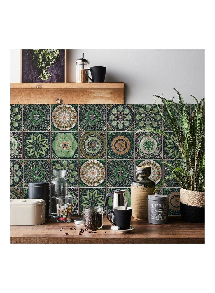 ملصقات بلاط ماندالا أوروبية، مجموعة واحدة من 24 قطعة من ملصقات الحائط ذاتية اللصق المصنوعة من مادة البولي فينيل كلوريد، بلاط زخرفي قابل للإزالة مقاوم للماء والزيت لظهر المطبخ والحمام وغرفة المعيشة بتصميم فسيفساء زهري عتيق - Image 2