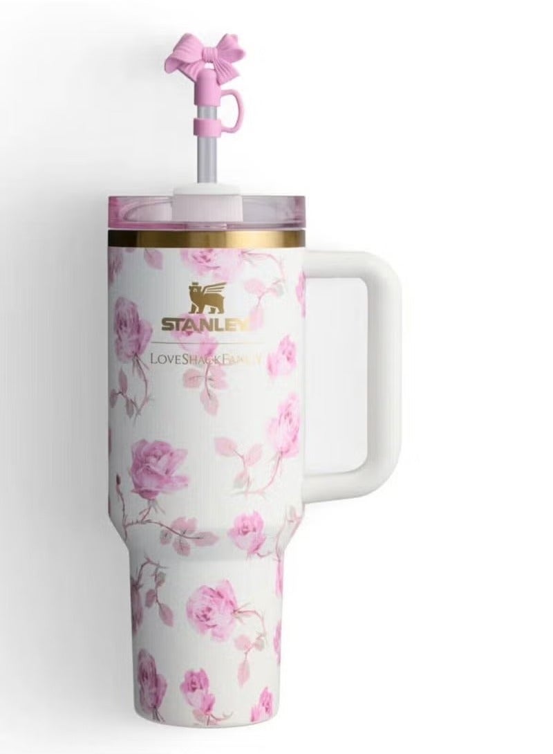 Stanley Love Shack Fancy H2.0 Flow State 40oz  Cortex Tumbler, Stainless Steel Vacuum Insulated Quencher with Lid, Straw, and Stopper, Ideal for Water and Iced Tea, Keeps Drinks Cold, Presented in Elegant Gift-Ready Packaging PINK - Image 1