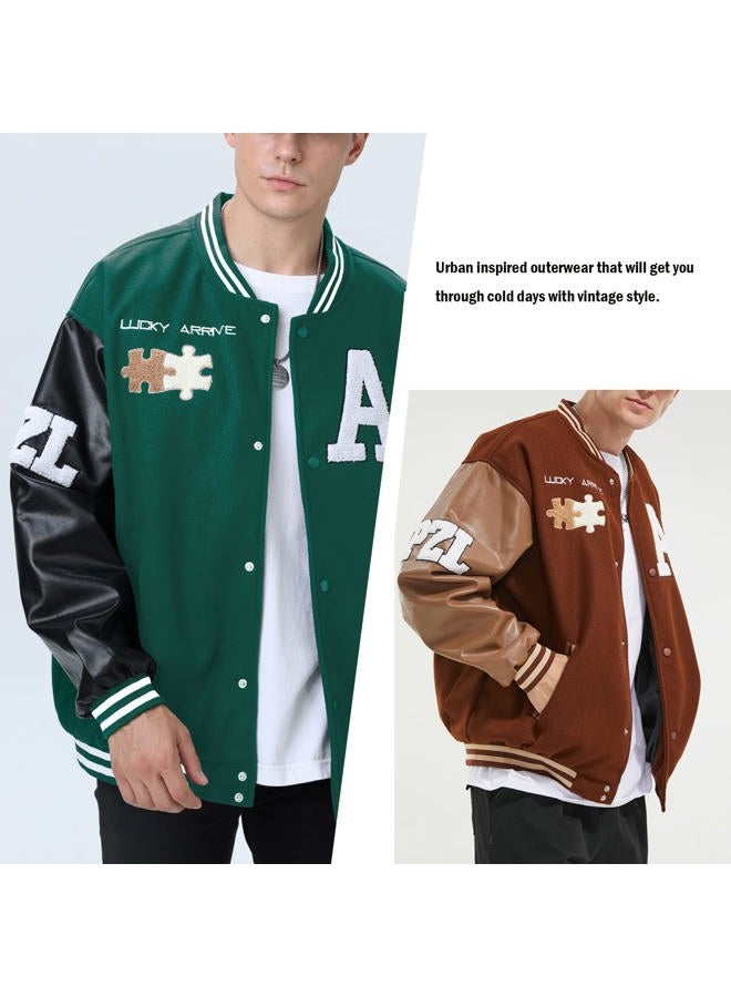 Moshtashio Men's Varsity College Baseball Bomber Jacket Vintage Sweatshirt Casual Unisex Streetwear Coats with Patch, 1 Green, XX-Large - Image 5
