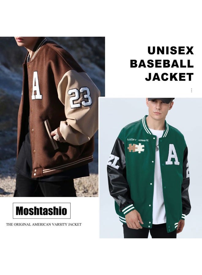 Moshtashio Men's Varsity College Baseball Bomber Jacket Vintage Sweatshirt Casual Unisex Streetwear Coats with Patch, 1 Green, XX-Large - Image 3