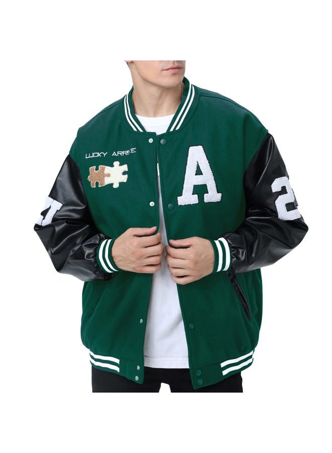Moshtashio Men's Varsity College Baseball Bomber Jacket Vintage Sweatshirt Casual Unisex Streetwear Coats with Patch, 1 Green, XX-Large - Image 1