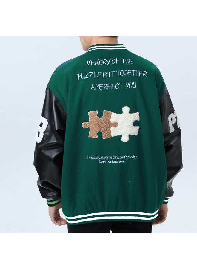Moshtashio Men's Varsity College Baseball Bomber Jacket Vintage Sweatshirt Casual Unisex Streetwear Coats with Patch, 1 Green, XX-Large - Image 2