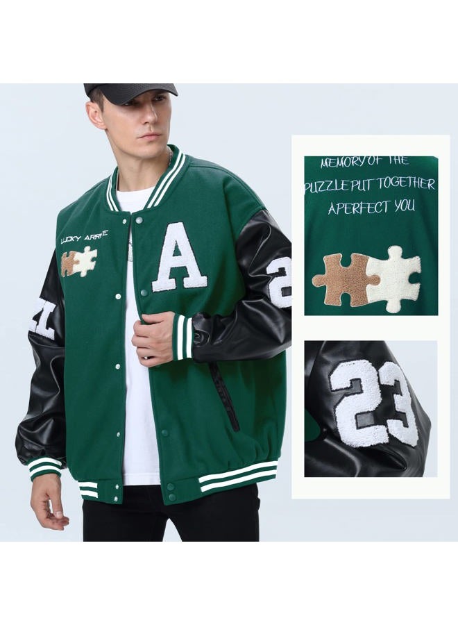 Moshtashio Men's Varsity College Baseball Bomber Jacket Vintage Sweatshirt Casual Unisex Streetwear Coats with Patch, 1 Green, XX-Large - Image 4