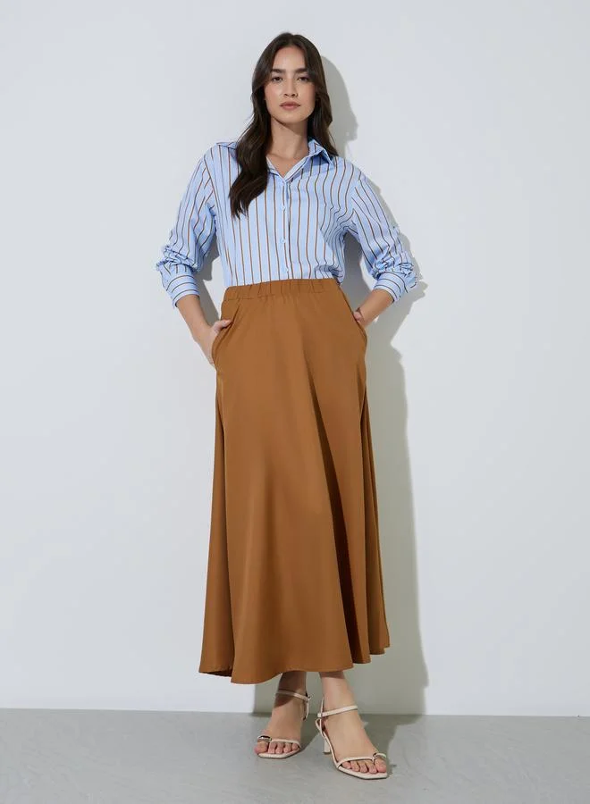 Styli Brown Solid Pocket Detail A-Line Maxi Skirt