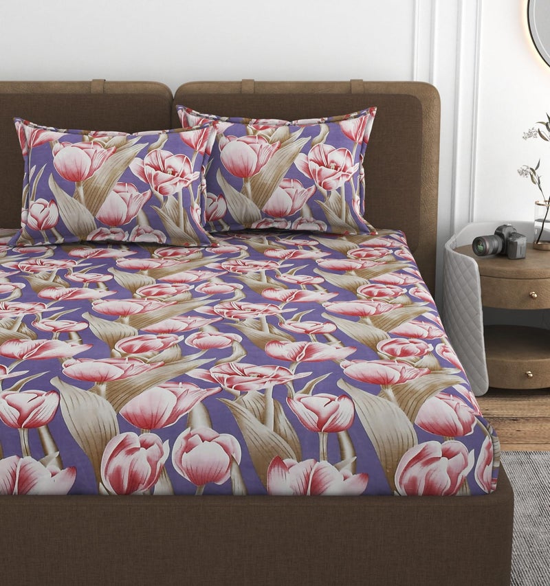 VOMZER 320 TC Cotton Feel All Around Elastic Fitted Bedsheets King Size, Premium Fitted Bedsheets King Size for Double Bed with 2 Pillow Covers, Size- 78” x 72” - Image 1
