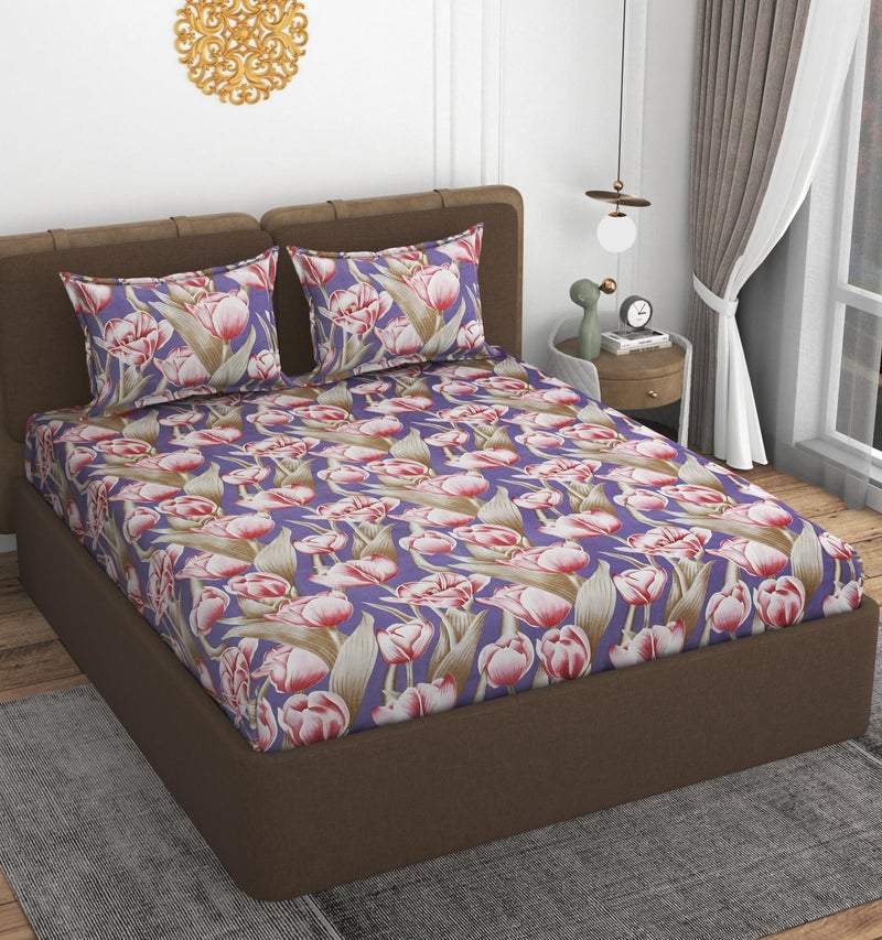 VOMZER 320 TC Cotton Feel All Around Elastic Fitted Bedsheets King Size, Premium Fitted Bedsheets King Size for Double Bed with 2 Pillow Covers, Size- 78” x 72” - Image 2