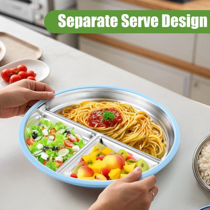 BUSOHA 2 Pack Stainless Steel Kids Plate with Suction - 9â€ Divided Toddler Baby Plates with Silicone Sleeves Non-Slip 2-in-1 Anti Breakage Metal Toddler Bowls Microwave Dishwasher Safe - Image 5