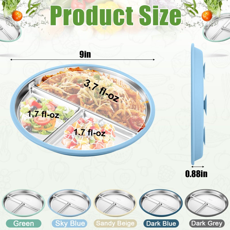 BUSOHA 2 Pack Stainless Steel Kids Plate with Suction - 9â€ Divided Toddler Baby Plates with Silicone Sleeves Non-Slip 2-in-1 Anti Breakage Metal Toddler Bowls Microwave Dishwasher Safe - Image 3