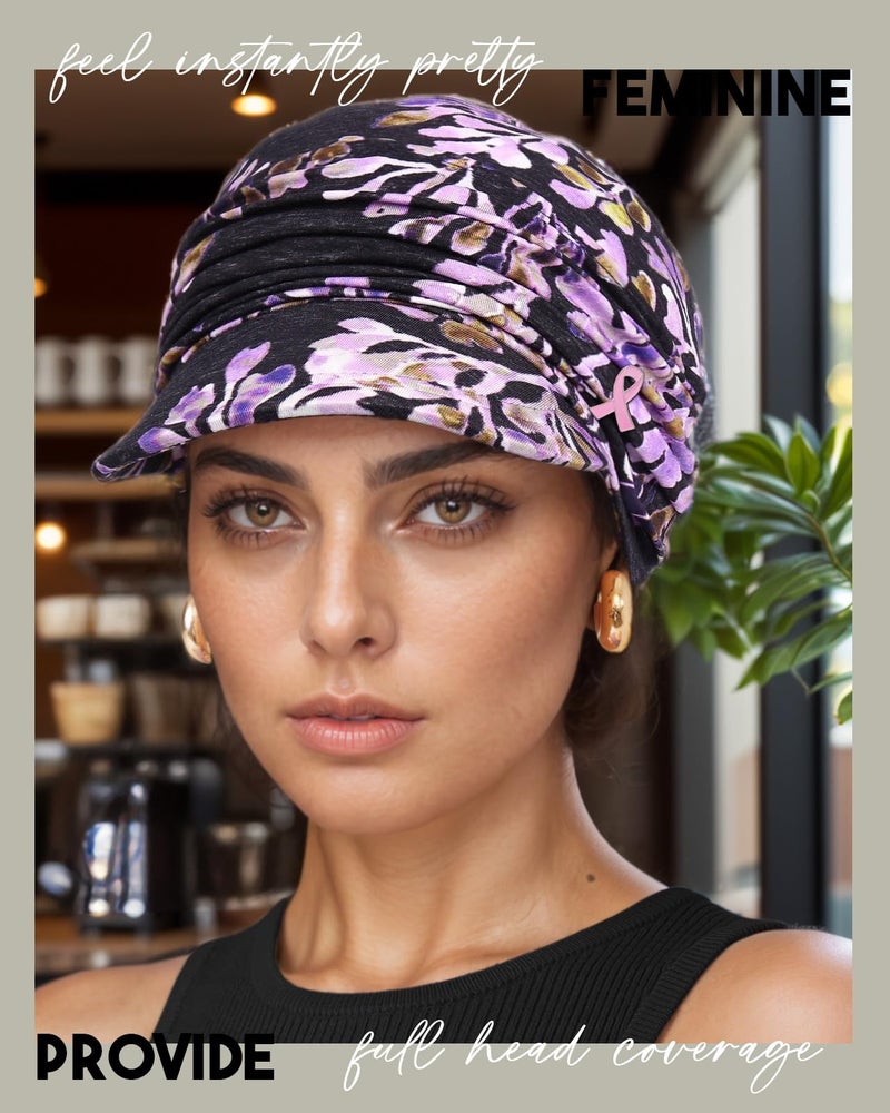 Awefeel Breast Cancer Hats for Women Chemo Turbans Purple Black - Image 2