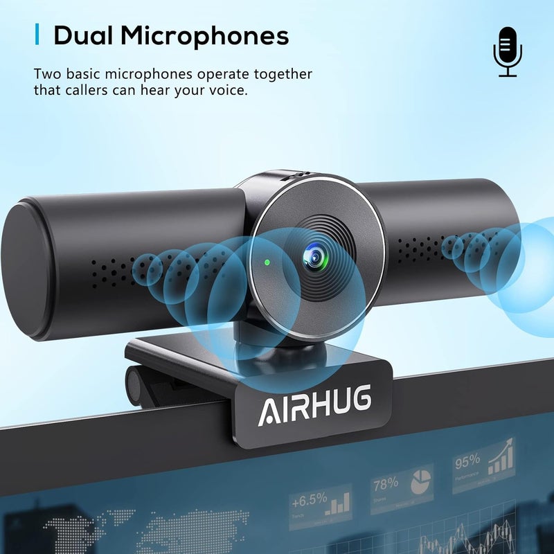 AIRHUG كاميرا ويب بدقة 2K مع ميكروفونات إلغاء الضوضاء، كاميرا ويب USB للكمبيوتر والكمبيوتر المحمول تعمل بتقنية التوصيل والتشغيل، كاميرا ويب مع غطاء خصوصية، زاوية عريضة 71 درجة، للبث والمؤتمرات، متوافقة مع سكايب وزوم ويوتيوب. - Image 5