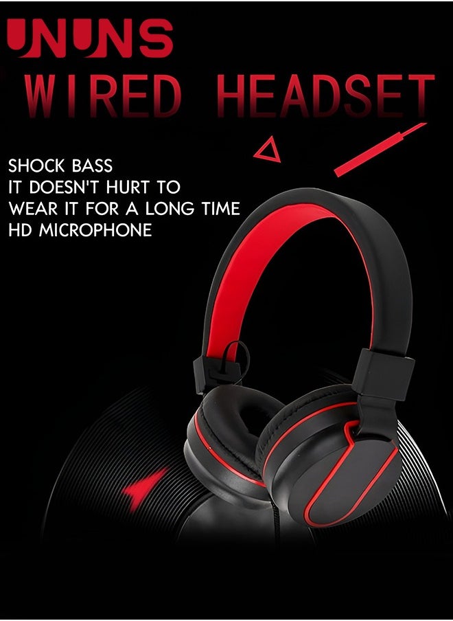 UNUNS - Headphones Wired with Microphone,Foldable HD Stereo Sound Headband Headphones PC/Tablet/ iPad,Portable Wired Headset On-Ear Headphones For School Travel Home,Black Red - Image 1