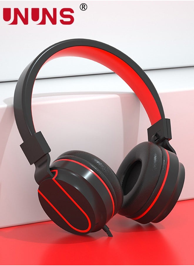 UNUNS - Headphones Wired with Microphone,Foldable HD Stereo Sound Headband Headphones PC/Tablet/ iPad,Portable Wired Headset On-Ear Headphones For School Travel Home,Black Red - Image 1