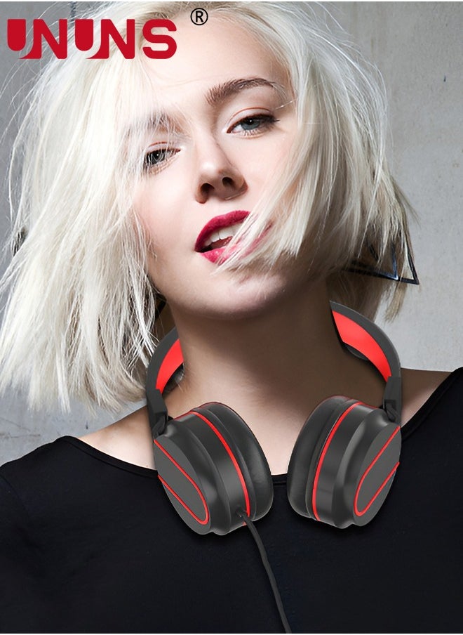 UNUNS - Headphones Wired with Microphone,Foldable HD Stereo Sound Headband Headphones PC/Tablet/ iPad,Portable Wired Headset On-Ear Headphones For School Travel Home,Black Red - Image 1