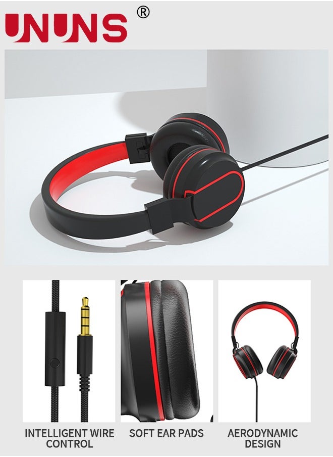 UNUNS - Headphones Wired with Microphone,Foldable HD Stereo Sound Headband Headphones PC/Tablet/ iPad,Portable Wired Headset On-Ear Headphones For School Travel Home,Black Red - Image 1