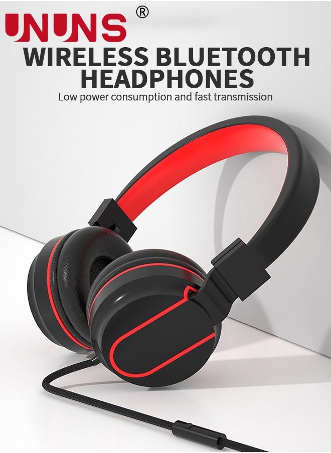 UNUNS - Headphones Wired with Microphone,Foldable HD Stereo Sound Headband Headphones PC/Tablet/ iPad,Portable Wired Headset On-Ear Headphones For School Travel Home,Black Red - Image 1