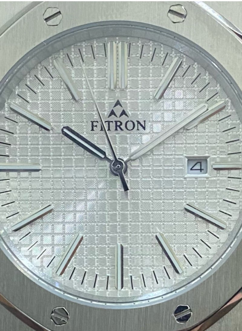 Fitron ساعة يد رجالية من الفولاذ المقاوم للصدأ بمينا بيضاء وتاريخ - Image 2