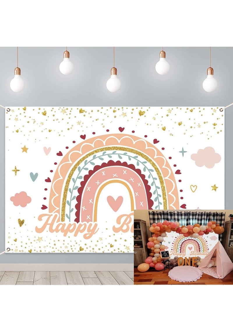 KASTWAVE Birthday Backdrop Rainbow Clouds Boho Theme Banner Girls Kids Happy Birthday Baby Shower Party Decorations Cake Table Banner Supplies 6x4FT - Image 1
