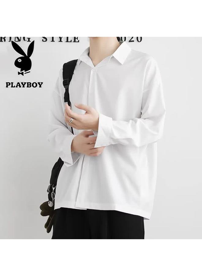 Playboy Men's Long Sleeve Shirt Spring Autumn Lapel Casual Loose Fit Gray 2XL - Image 2