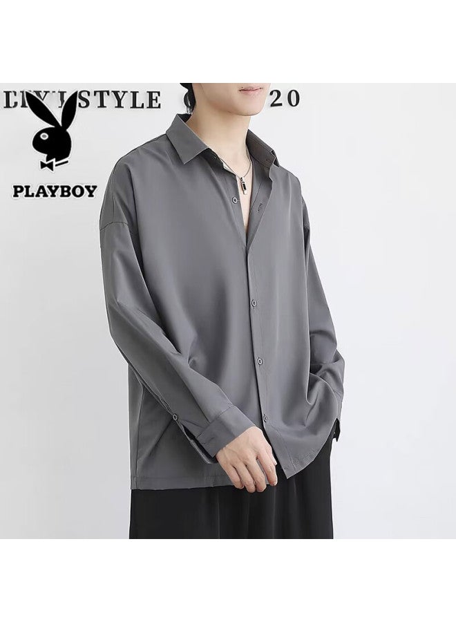 Playboy Men's Long Sleeve Shirt Spring Autumn Lapel Casual Loose Fit Gray 2XL - Image 1