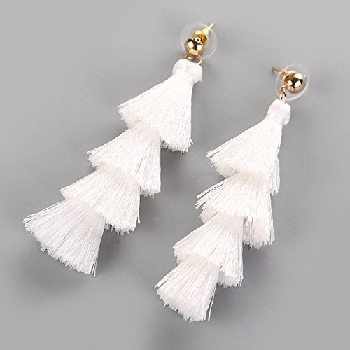 BaubleStar Fashion Tassel Dangle Earrings for Women Layered Long Bonita Tiered Thread Tassel White Drop Statement Jewelry - Image 3