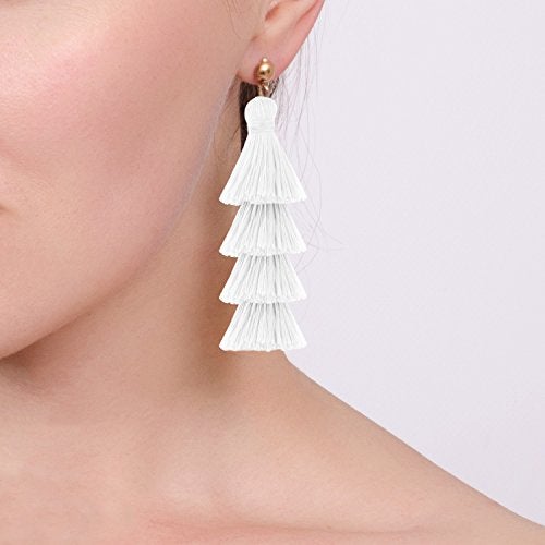 BaubleStar Fashion Tassel Dangle Earrings for Women Layered Long Bonita Tiered Thread Tassel White Drop Statement Jewelry - Image 2
