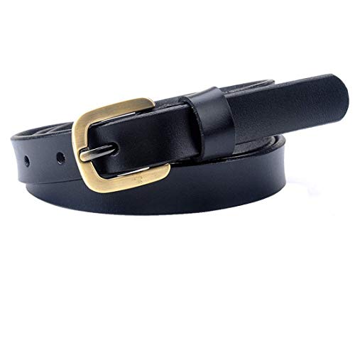 VONSELY Genuine Leather Casual Belt, 2 Sizes Choice Narrow Womens Belts for Dresses, Green Bronze Alloy Buckle, Black Belt 115CM - Image 1