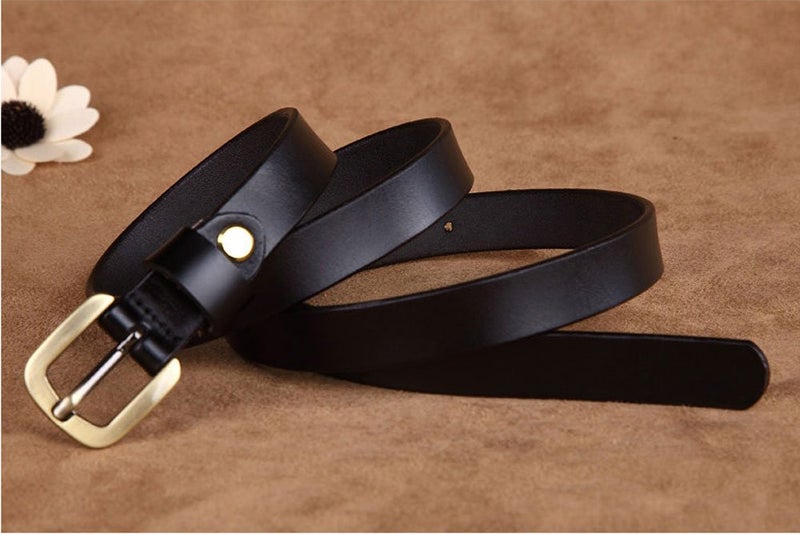 VONSELY Genuine Leather Casual Belt, 2 Sizes Choice Narrow Womens Belts for Dresses, Green Bronze Alloy Buckle, Black Belt 115CM - Image 2