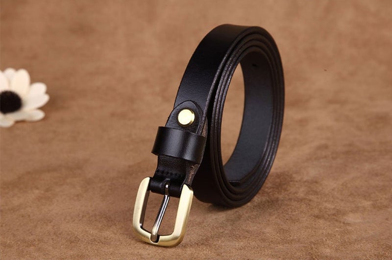 VONSELY Genuine Leather Casual Belt, 2 Sizes Choice Narrow Womens Belts for Dresses, Green Bronze Alloy Buckle, Black Belt 115CM - Image 3