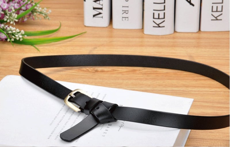 VONSELY Genuine Leather Casual Belt, 2 Sizes Choice Narrow Womens Belts for Dresses, Green Bronze Alloy Buckle, Black Belt 115CM - Image 5