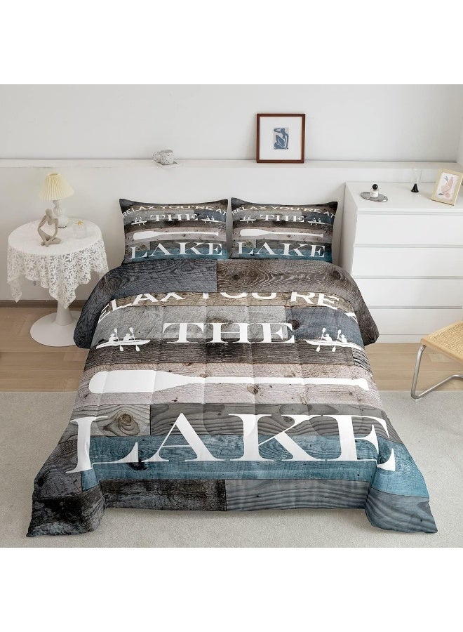 Homewish Lake House Comforter Set Rustic Farmhouse Bedding Set Queen Size Retro Wooden Blue Grey Quilt Set 3pcs Kids Adults Men Teens Cabin Room Decor, Lake Life White Cabin Bedspread, 2 Pillowcases - Image 1
