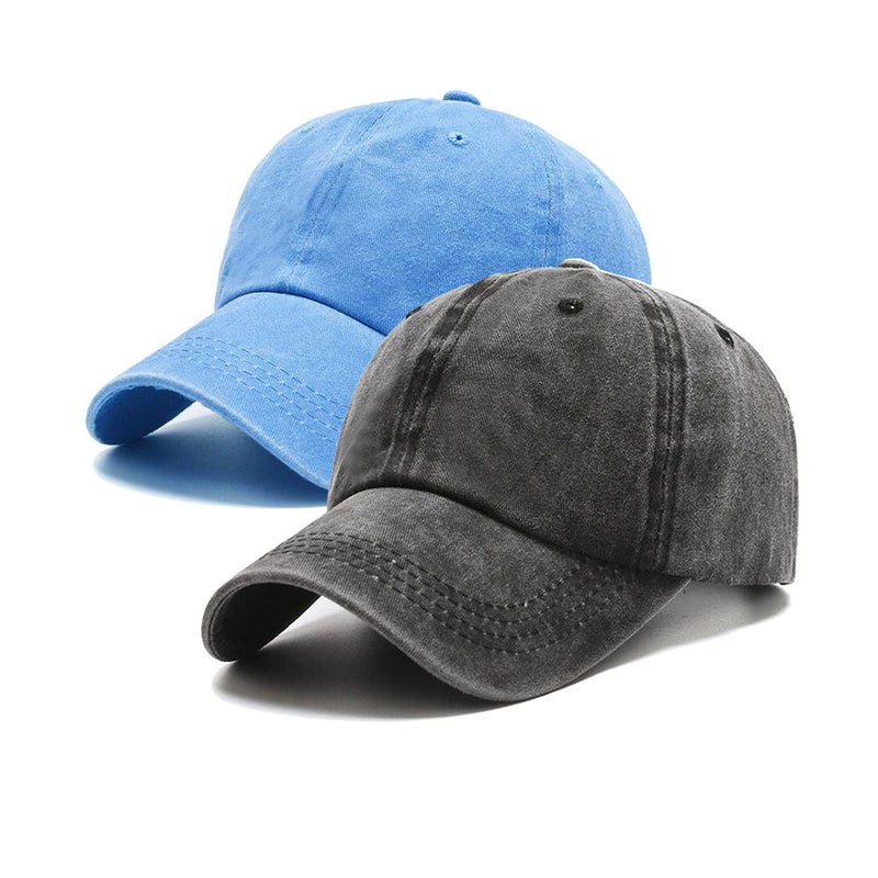 PFFY 2 Packs Vintage Washed Distressed Baseball Cap Dad Golf Hat Black+SkyBlue - Image 1