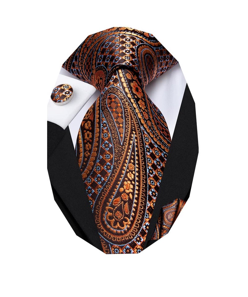 Dubulle Mens Paisely Floral Silk Tie for Men Striped Necktie and Pocket Square Set Wedding Business,Dark Orange Brozne - Image 1