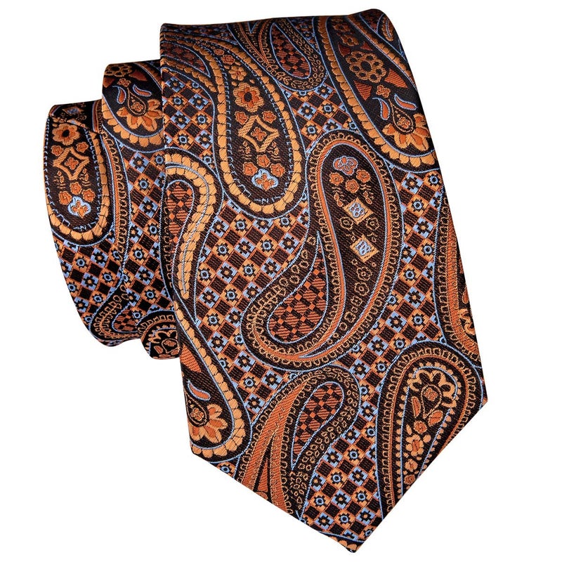 Dubulle Mens Paisely Floral Silk Tie for Men Striped Necktie and Pocket Square Set Wedding Business,Dark Orange Brozne - Image 3
