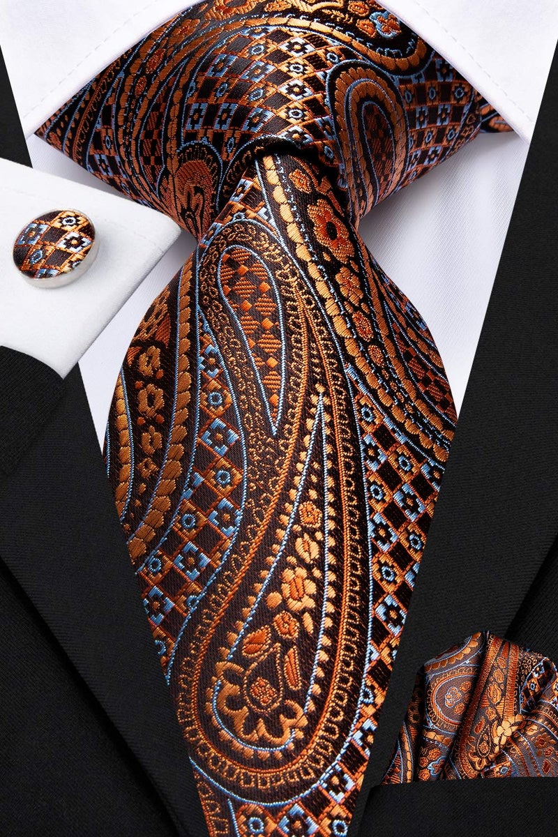 Dubulle Mens Paisely Floral Silk Tie for Men Striped Necktie and Pocket Square Set Wedding Business,Dark Orange Brozne - Image 4
