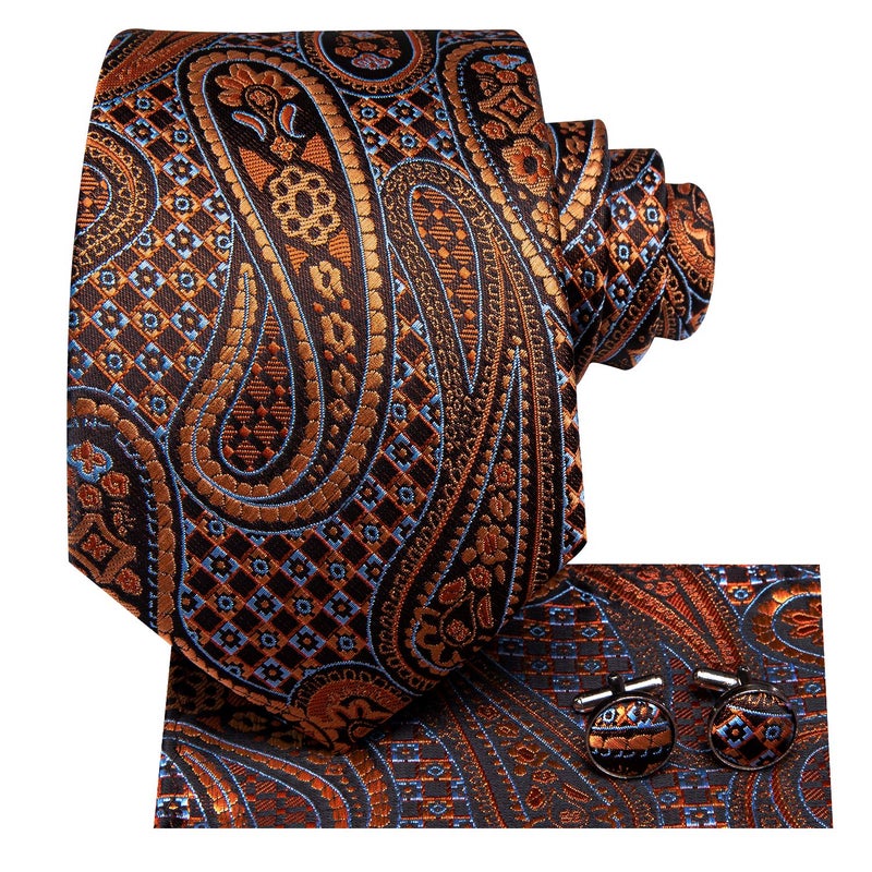 Dubulle Mens Paisely Floral Silk Tie for Men Striped Necktie and Pocket Square Set Wedding Business,Dark Orange Brozne - Image 2