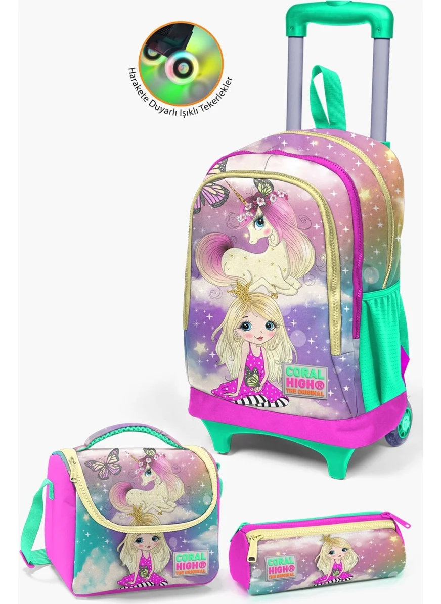 CORAL HIGH Kids Pink Water Green Unicorn Girl Patterned Trolley 3-Piece School Bag Set SET0123933