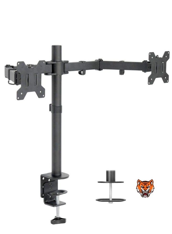 TIGER Dual LCD/LED Monitor Desk Mount Stand – Heavy Duty Adjustable Arms with C-Clamp & Bolt-Through Grommet Options, Holds Two 27" Screens  - Image 1