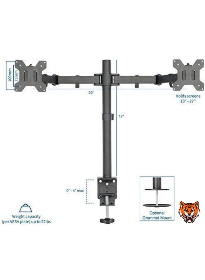 TIGER Dual LCD/LED Monitor Desk Mount Stand – Heavy Duty Adjustable Arms with C-Clamp & Bolt-Through Grommet Options, Holds Two 27" Screens  - Image 2
