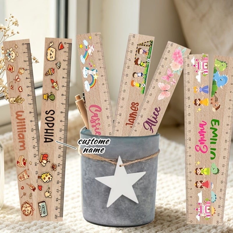 Custom Name Wooden Ruler Style 5 Kawaii Multiple Patterns Themed Measuring Tool Personalized Ruler For First Day Of School Cute Designs Gift For Back To School Mathematical Instruments - Image 1