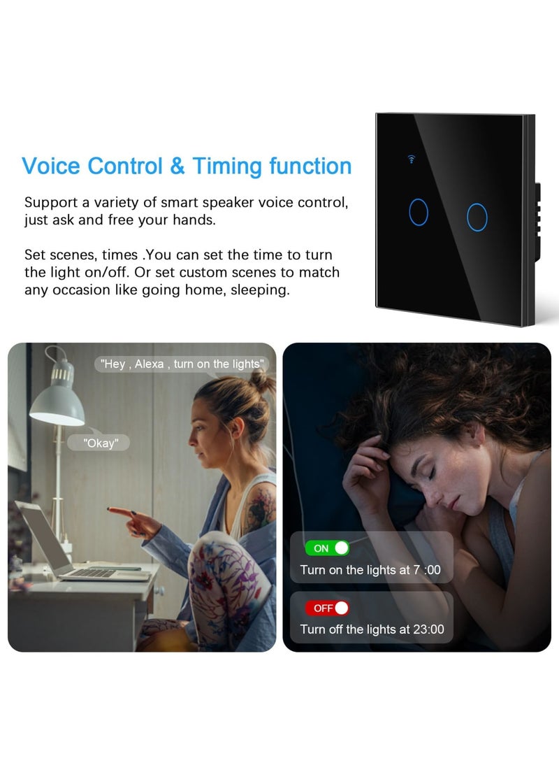 Luckam Smart Wall Light Switch, WiFi Smart Light Switch 2-Gang 1-Way work with Alexa/Google Assistant, Glass Panel, LED Backlight, Waterproof, Multi-Way Control by Tuya Smart Life App, Neutral Wire Need - Image 2