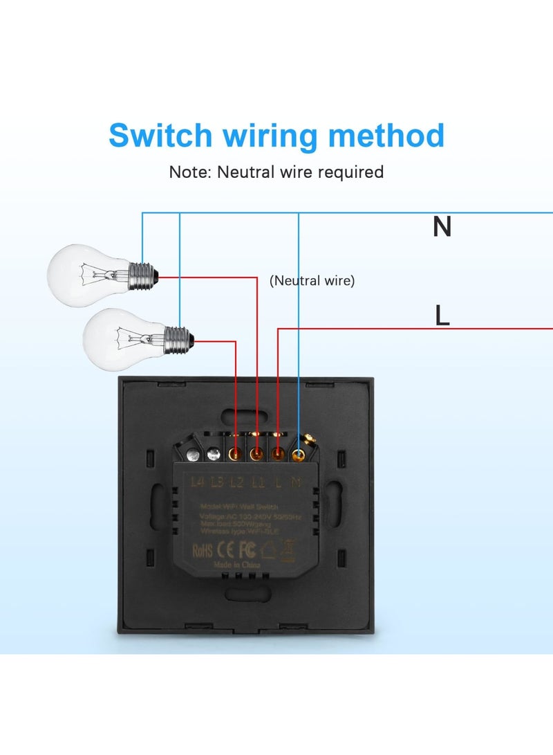 Luckam Smart Wall Light Switch, WiFi Smart Light Switch 2-Gang 1-Way work with Alexa/Google Assistant, Glass Panel, LED Backlight, Waterproof, Multi-Way Control by Tuya Smart Life App, Neutral Wire Need - Image 5