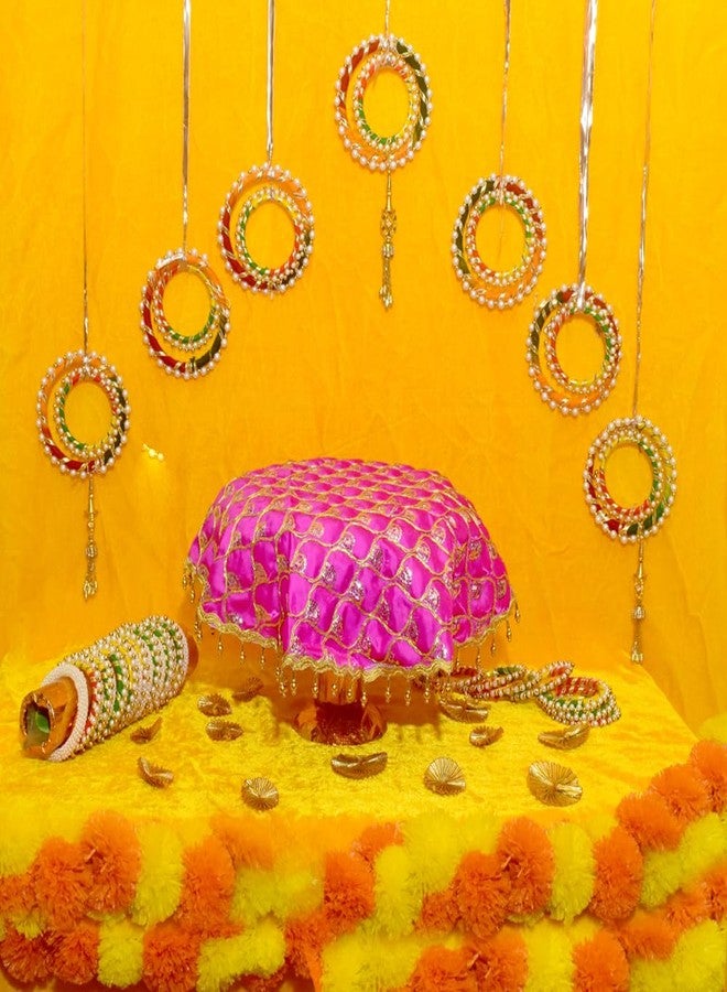 Dulhan Golden Moti Border Satin Silk Worked Thali-Cover/Thaal-Posh/Pooja Thali Cloth (18X18 Pink) - Image 2