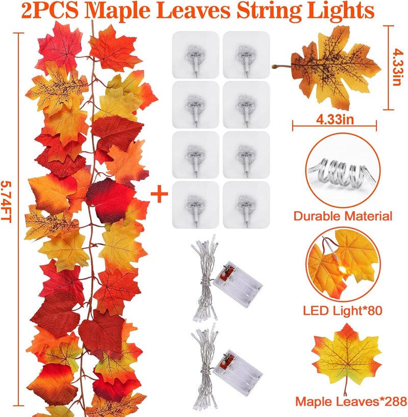 HINZER 2 Pack Fall Decor Maple Leaves Garland with Lights Battery Operated Fall Thanksgiving Decorations Garland for Home Porch Front Door Table Mantle Outdoor Autumn Harvest Halloween Decor, 11.8Ft 40LED - Image 5