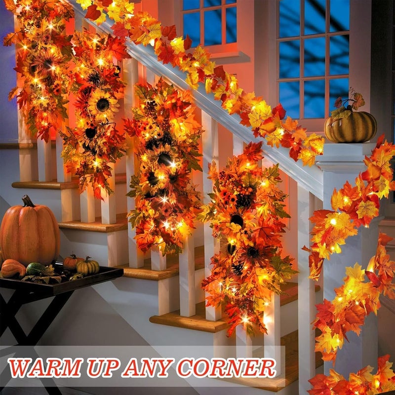 HINZER 2 Pack Fall Decor Maple Leaves Garland with Lights Battery Operated Fall Thanksgiving Decorations Garland for Home Porch Front Door Table Mantle Outdoor Autumn Harvest Halloween Decor, 11.8Ft 40LED - Image 2