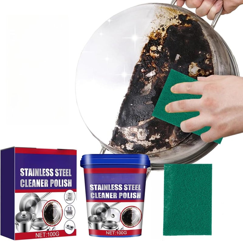 JDLYEVER Stainless Steel Cleaner Polish 100g with Scouring Pad, Powerful Cleaning Action, Restores Shine, Removes Tough Stains & Rust, Safe & Non-abrasive, Long-lasting Result, Fresh & Clean Fragrance - Image 1