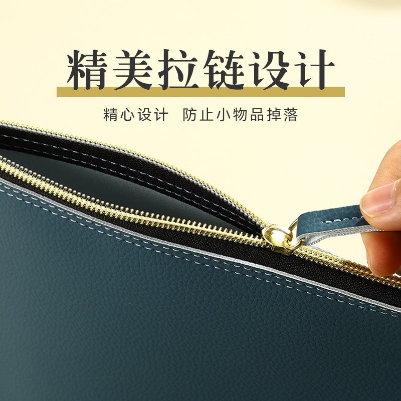 A4 Document Bag Leather Briefcase Conference Storage Bag High-End Waterproof Insurance Policy Folder Pu Zipper Bag - Image 3